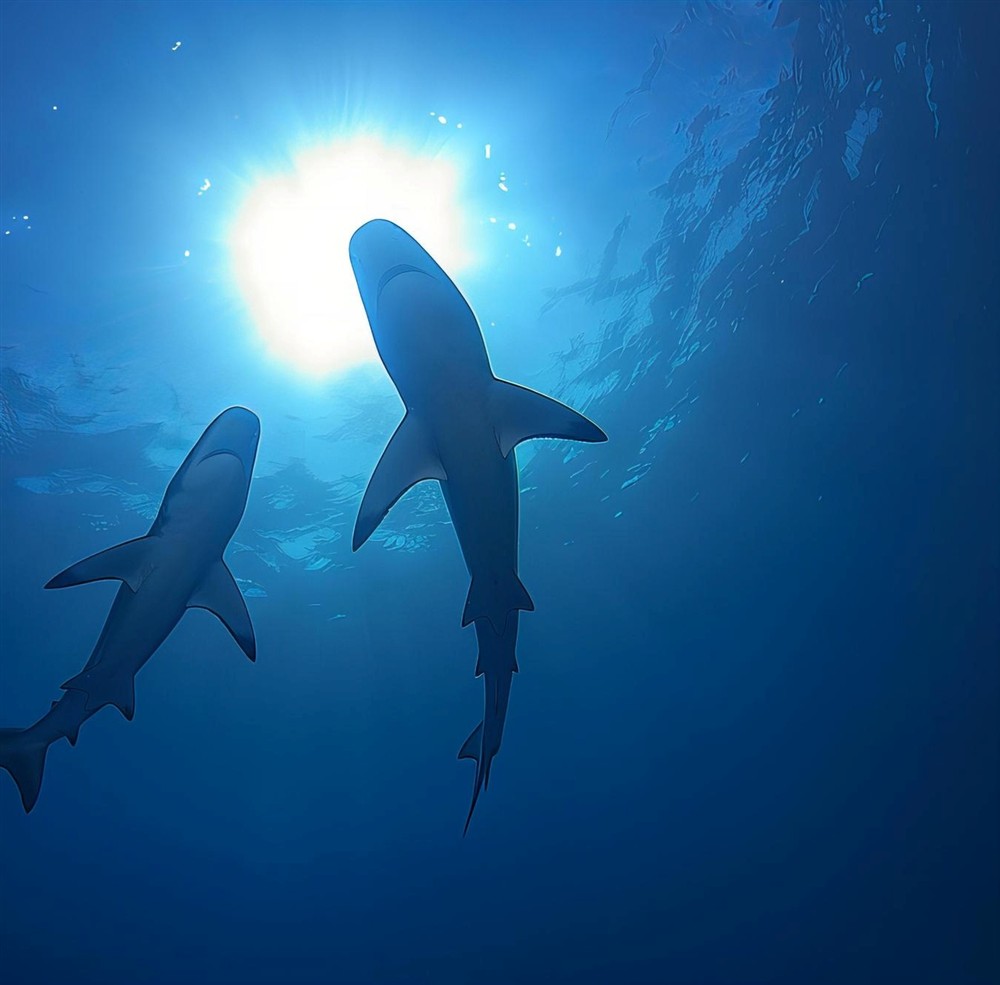 Sharks swimming toward the sunlit surface